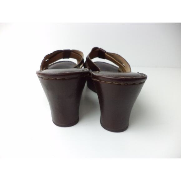 BORN 10M DARK BROWN LEATHER PLATFORM WEDGE HEEL SLIDE SANDAL SHOE - Picture 4 of 8